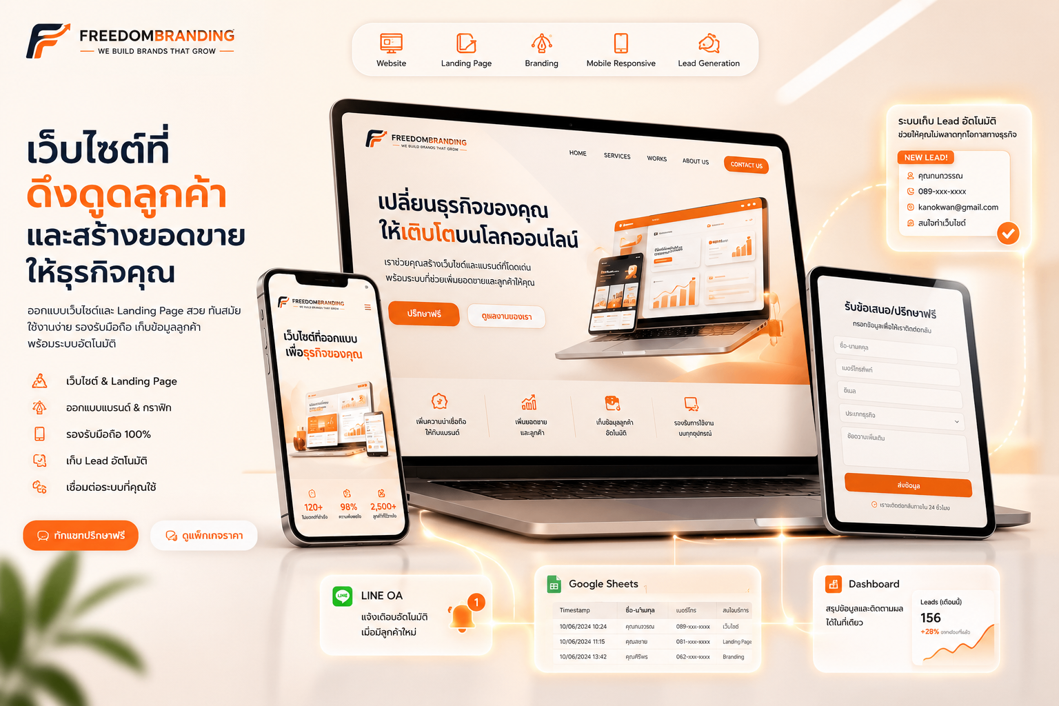 เว็บไซต์ที่ดึงดูดลูกค้าและสร้างยอดขายให้ธุรกิจคุณ — Laptop, Tablet, Mobile เชื่อมต่อ LINE OA, Google Sheets, Dashboard